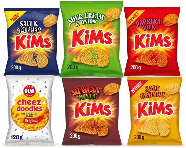 Utvalgte kims potetgull 200 g og cheez doodles 120 g